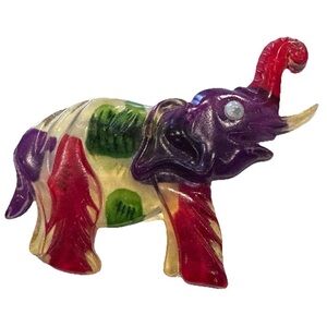 Vintage Lucite Elephant Brooch Reverse Painted Trunk Up Pin 3” Googly Eye